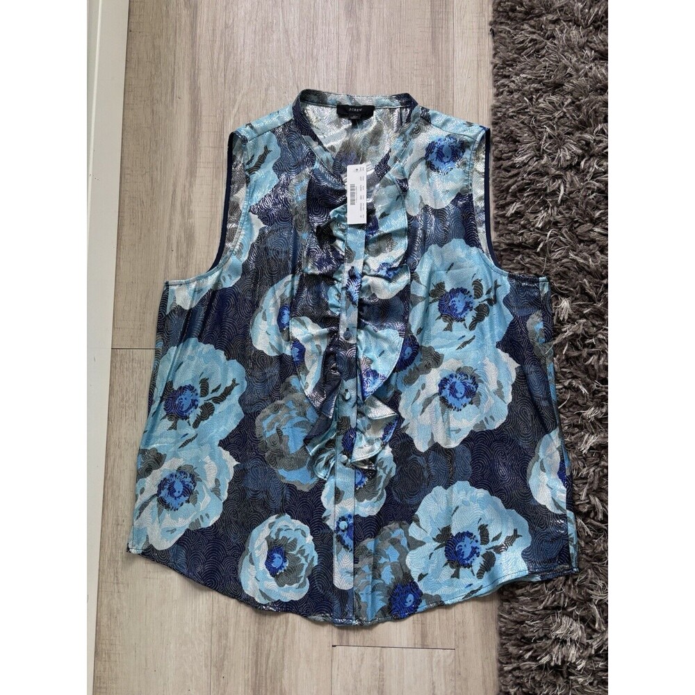 NEW J. Crew Women's Blue Silver Medium Jacquard Ruffle Sleeveless Blouse NWT